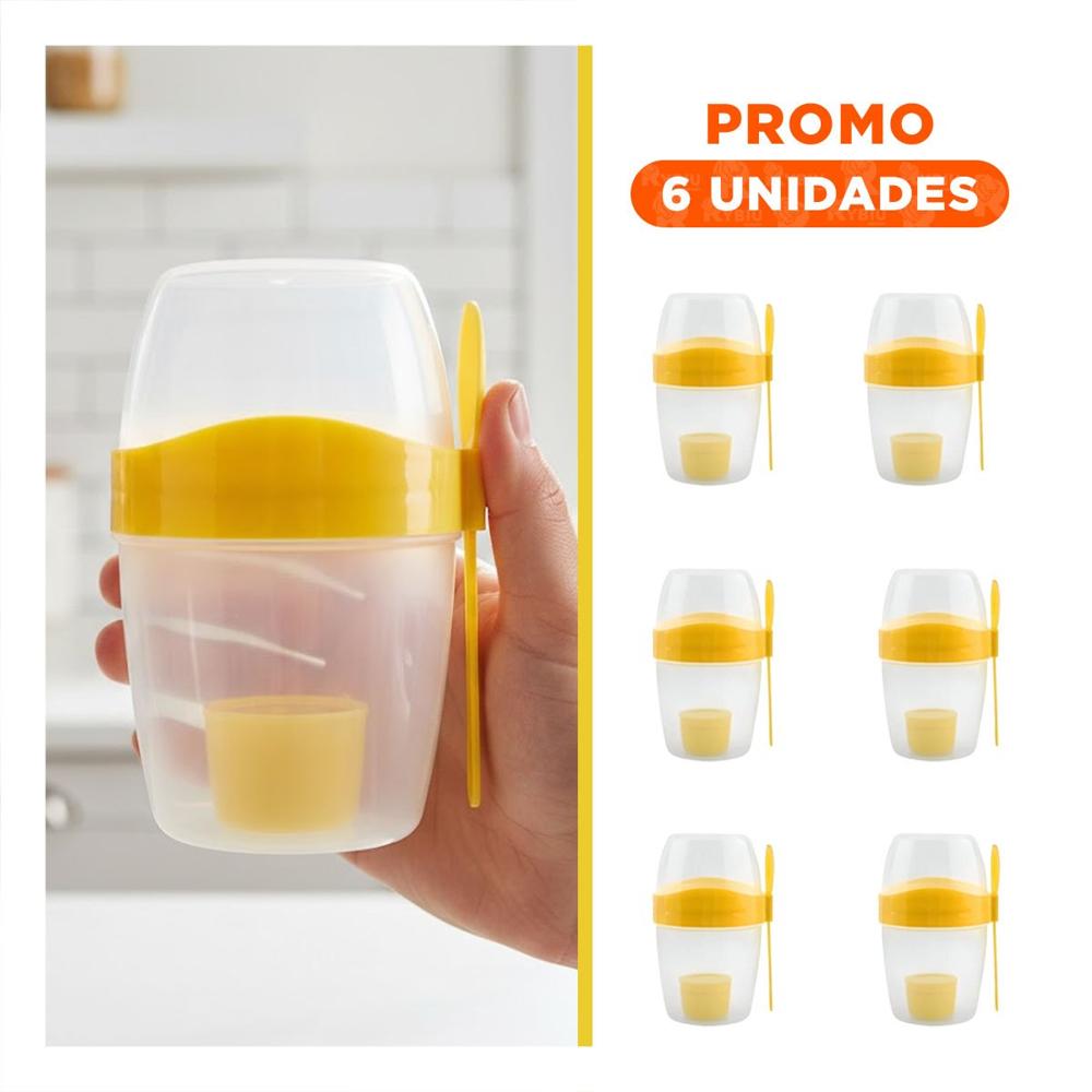 Pack6 Taza Yogur Amarilla 2 en 1 con Espacio para Fruta Picada YRegalo Sticker