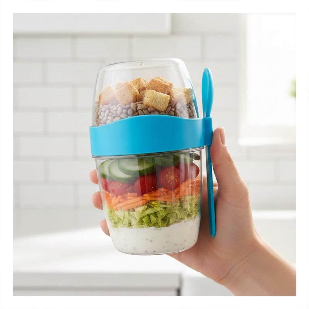 Vaso Yogurero 2 en 1 Azul con Cubierto Practico para Llevar Snacks