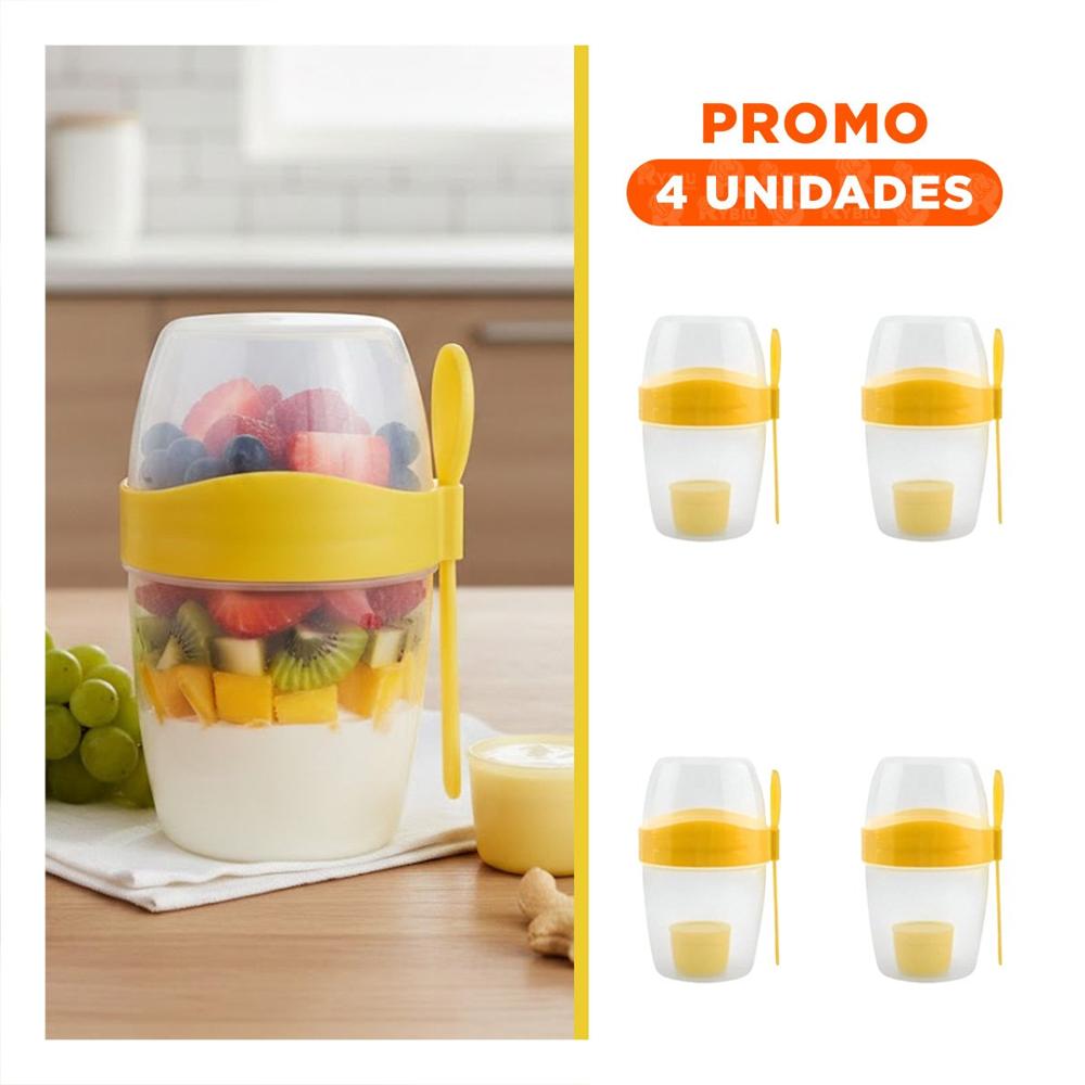 Pack4 Vaso Yogurero Amarillo 2 en 1 con Cubierto Practico para Llevar al Trabajo