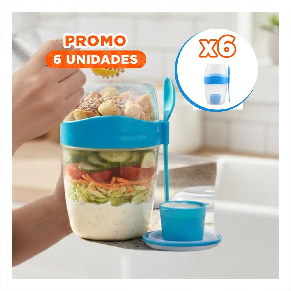 Pack6 Recipiente Yogur Azul Portatil con Compartimento Superior para Granola