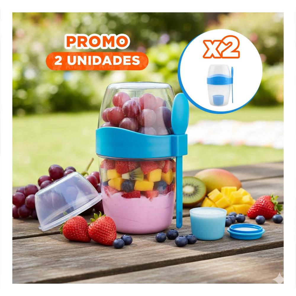 Pack2 Vaso Yogurero Azul con Cubierto Portatil para Desayuno Saludable