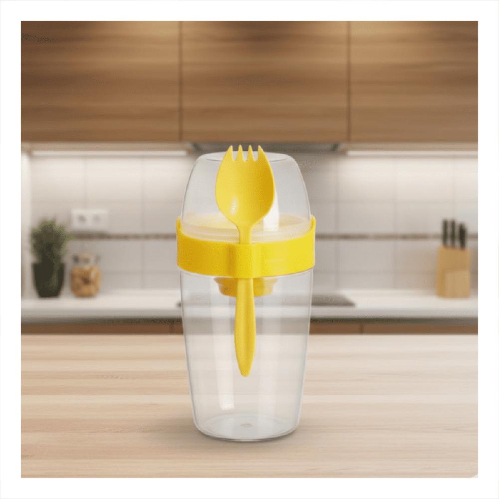 Vaso para Yogurt 2 en 1 con Cubierto Grande Amarillo para Colegio y Trabajo