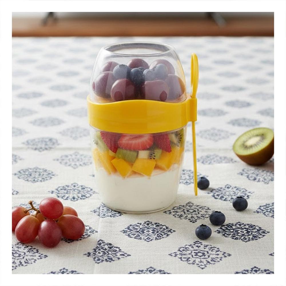 Recipiente Yogurero 2 en 1 Amarillo con Cuchara Portatil para Desayuno YPapel Regalo