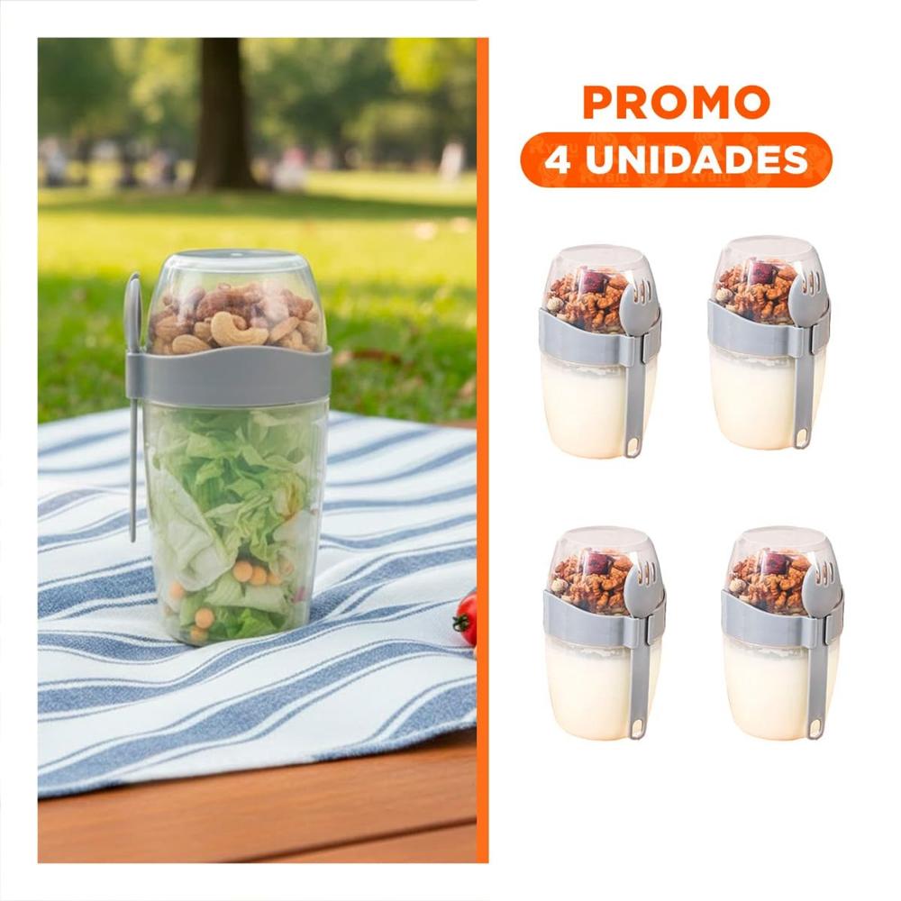 Pack4 Vaso Yogurero Plomo 2 en 1 con Cubierto Practico para Llevar al Trabajo