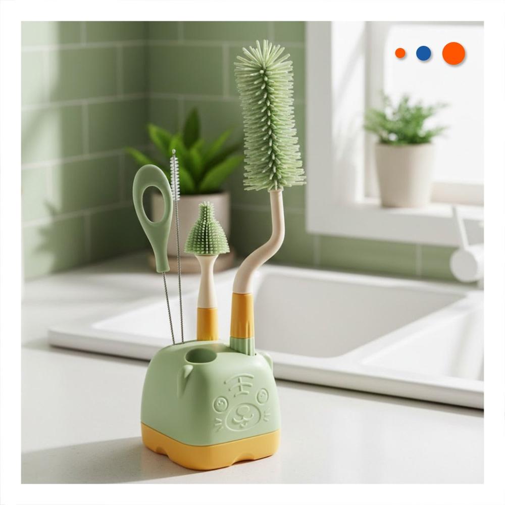 Cepillos para Biberon 4 Pzs Verde Base Osito para Higiene de Biberones y Casa Y Papel Regalo