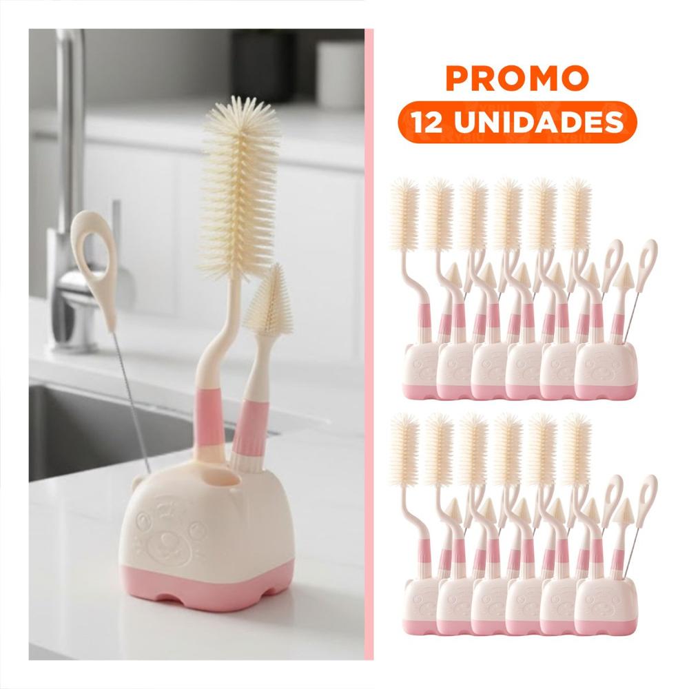 Pack12 Pincel Infantil que Protege Biberones 4pzs Base Osito Rosado