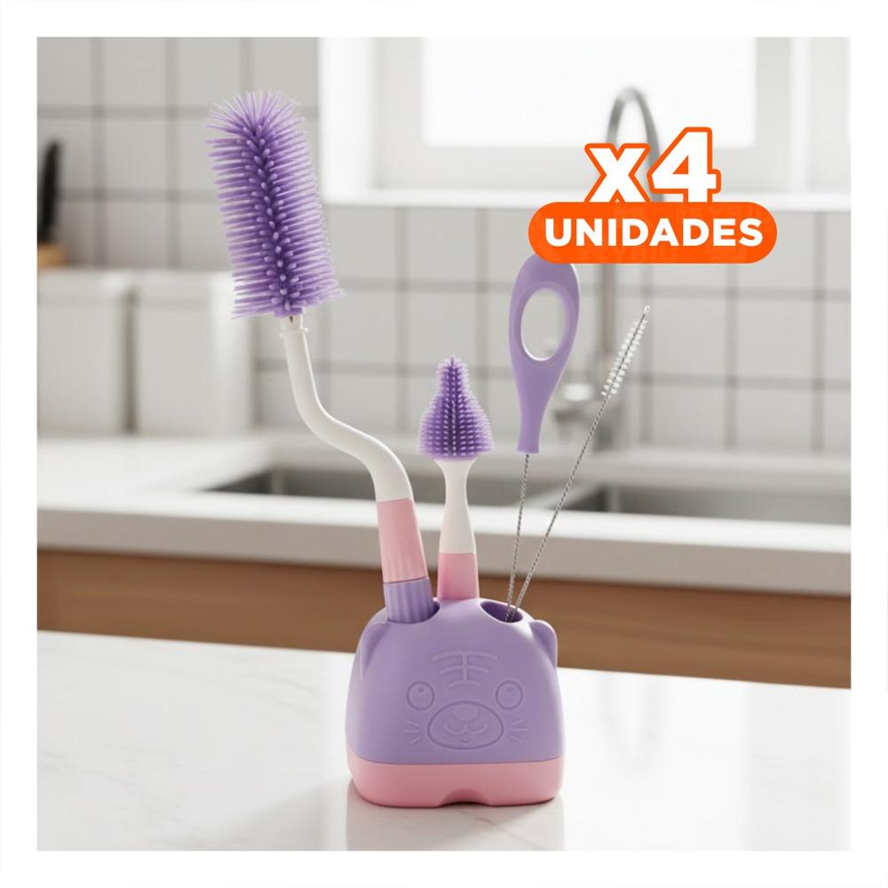 Pack4 Pincel que Llega a Rincones Pequenos 4pzs Base Osito Morado Y Regalo Sticker