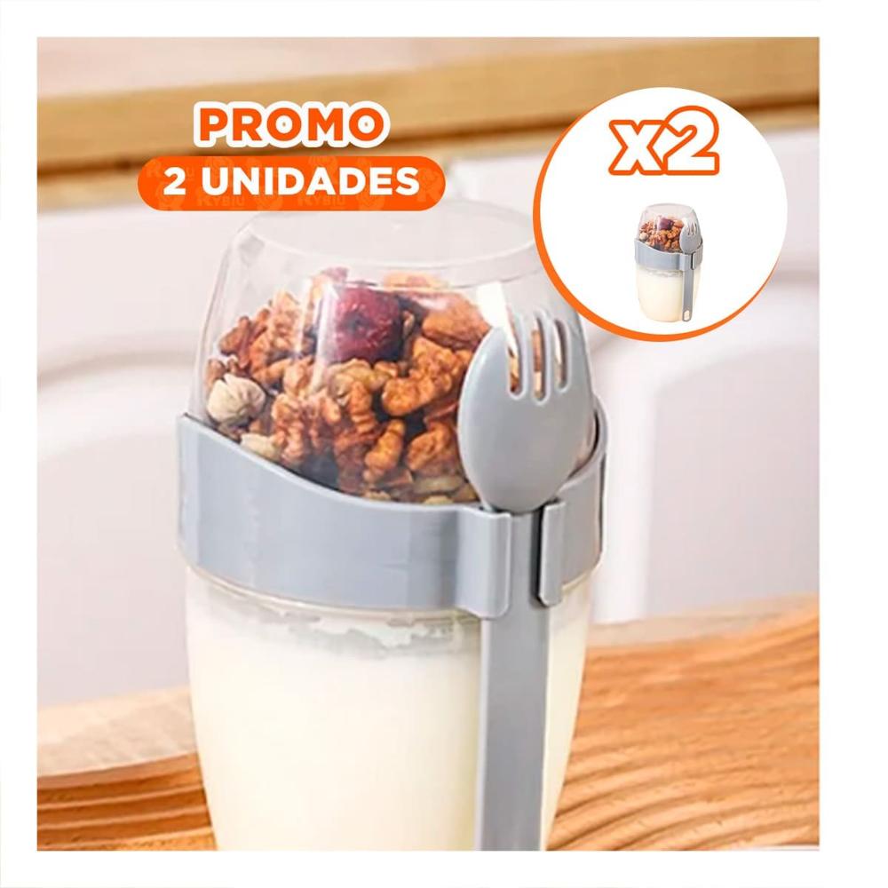 Pack2 Vaso Yogurero Plomo con Cubierto Portatil para Desayuno Saludable