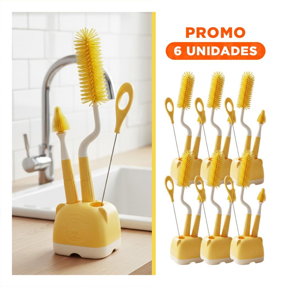 Pack6 Brocha para Biberones 4pzs Amarillo Base Osito Higiene Completa Y Regalo Sticker
