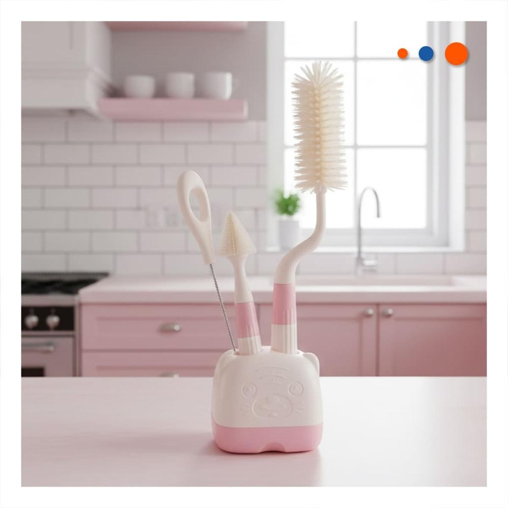 Cepillo para Mantener Tetinas Higienicas 4pzs Base Osito Rosado Y Papel Regalo