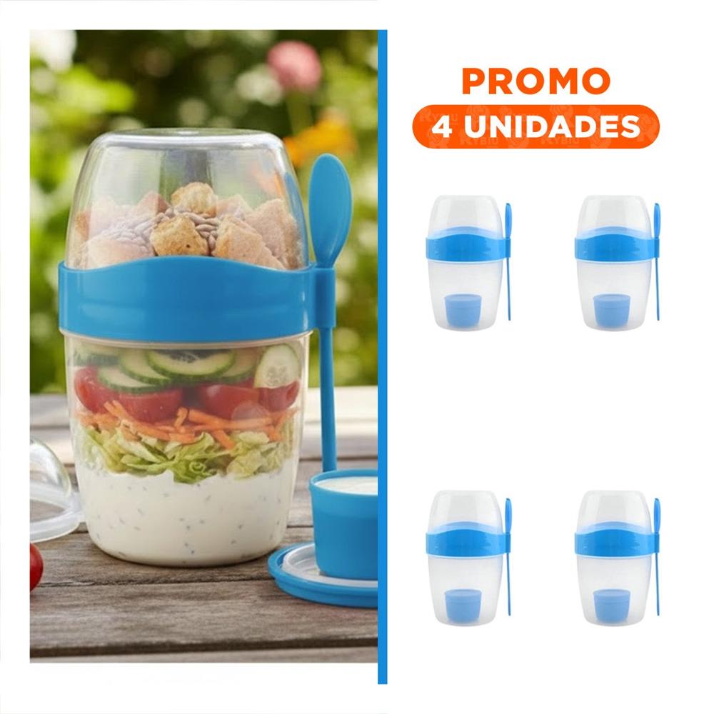 Pack4 Vaso Yogurero Azul 2 en 1 con Cubierto Practico para Llevar al Trabajo