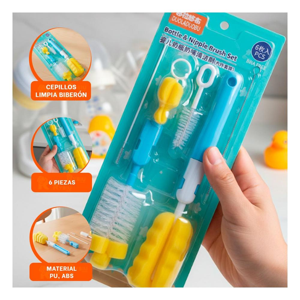 Escobilla que Elimina Residuos de Tetinas 6pzs Base Celeste