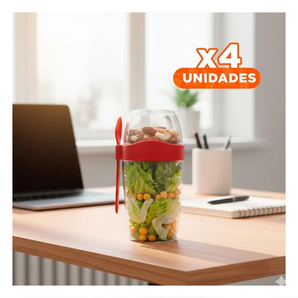 Pack4 Vaso Yogur Rojo 2 en 1 con Cubierto Ideal para Uso Diario YPapel Regalo