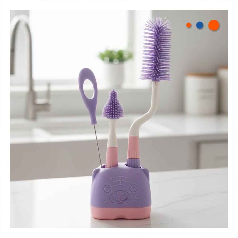 Cepillo para Mantener Tetinas Higienicas 4pzs Base Osito Morado Y Papel Regalo