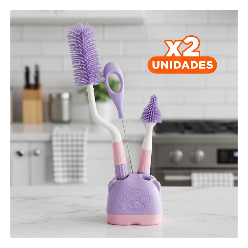 Pack2 Escobilla Suave que Protege Accesorios 4pzs Base Osito Morado Y Papel Regalo