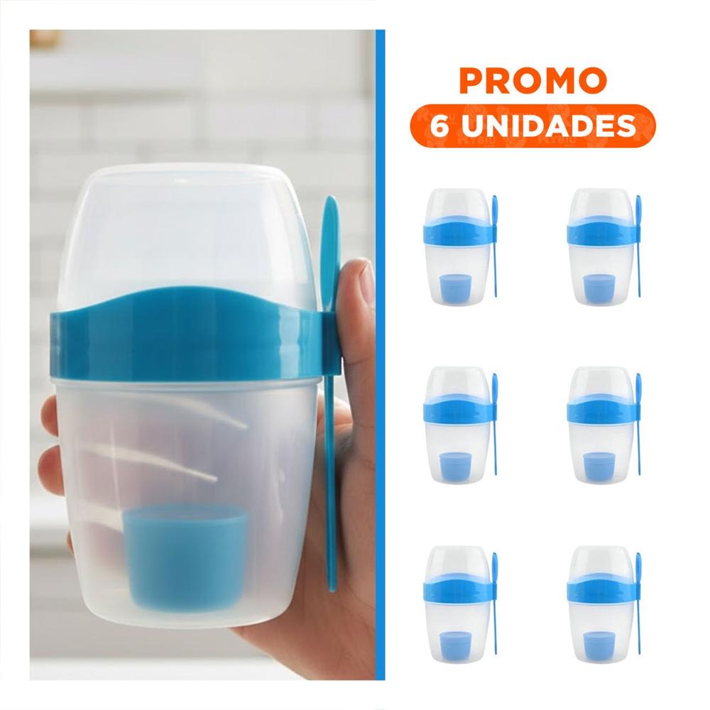 Pack6 Taza Yogur Azul 2 en 1 con Espacio para Fruta Picada YRegalo Sticker
