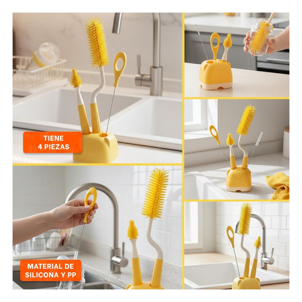 Cepillo para Biberones 4pzs Amarillo Base Osito Limpieza Rapida y Efectiva Y Ligas Regalo