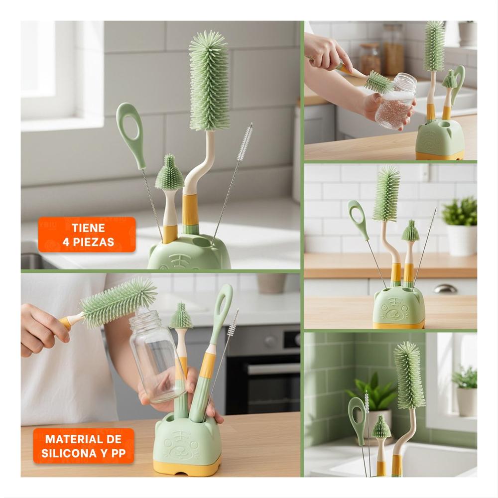 Cepillos Infantiles 4 Pzs Verde Base Osito para Cuidado de Biberones en Hogar Y Ligas Regalo