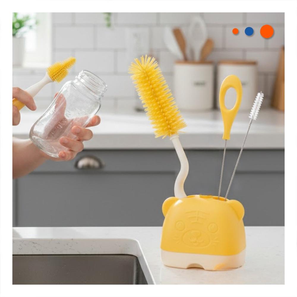 Cepillo para Bebe 4pzs Amarillo Base Osito Mantiene Biberones Higienicos Y Papel Regalo