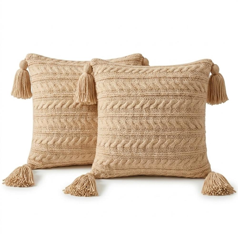 Set 02 Cojines Trenzados XL Beige Oscuro con Borlas 45x45 cm