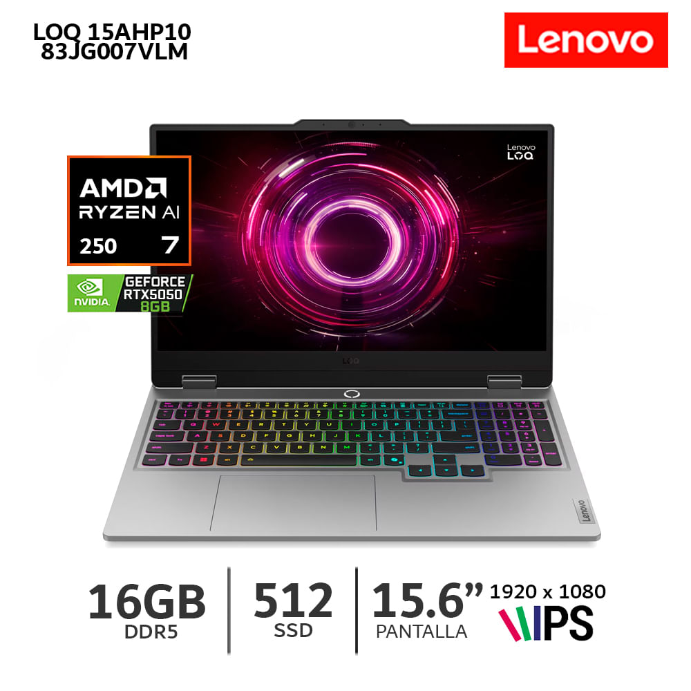 Laptop Lenovo LOQ 15AHP10 Ryzen 7 250 16Gb Ram 512Gb SSD RTX5050 8Gb 15.6 FHD 83JG007VLM