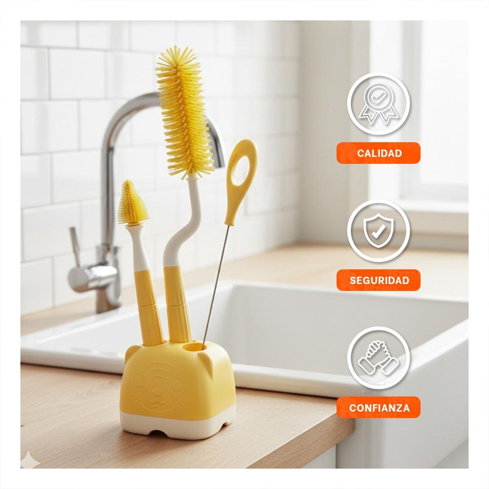 Cepillo para Biberon 4pzs Amarillo Base Osito Facilita Limpieza Profunda