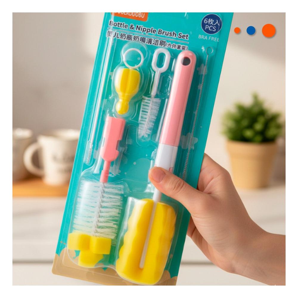 Escobilla Infantil para Mantener Biberones Limpios 6pzs Base Rosado Y notas