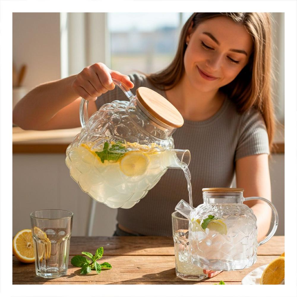 Jarra Moderna para Agua y Bebidas Frias con Tapa de Madera Transparente
