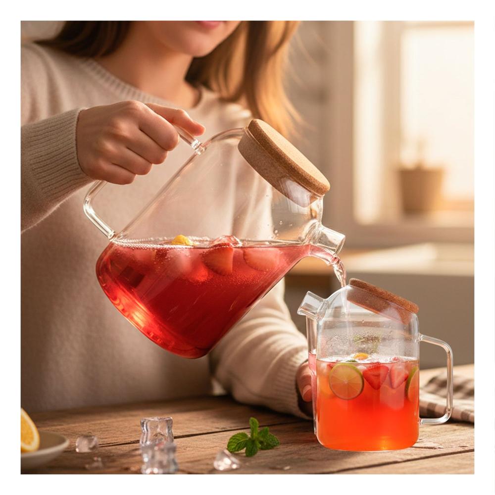 Jarra Elegante de Borosilicato con Tapa de Corcho para Agua y Bebidas Transparente