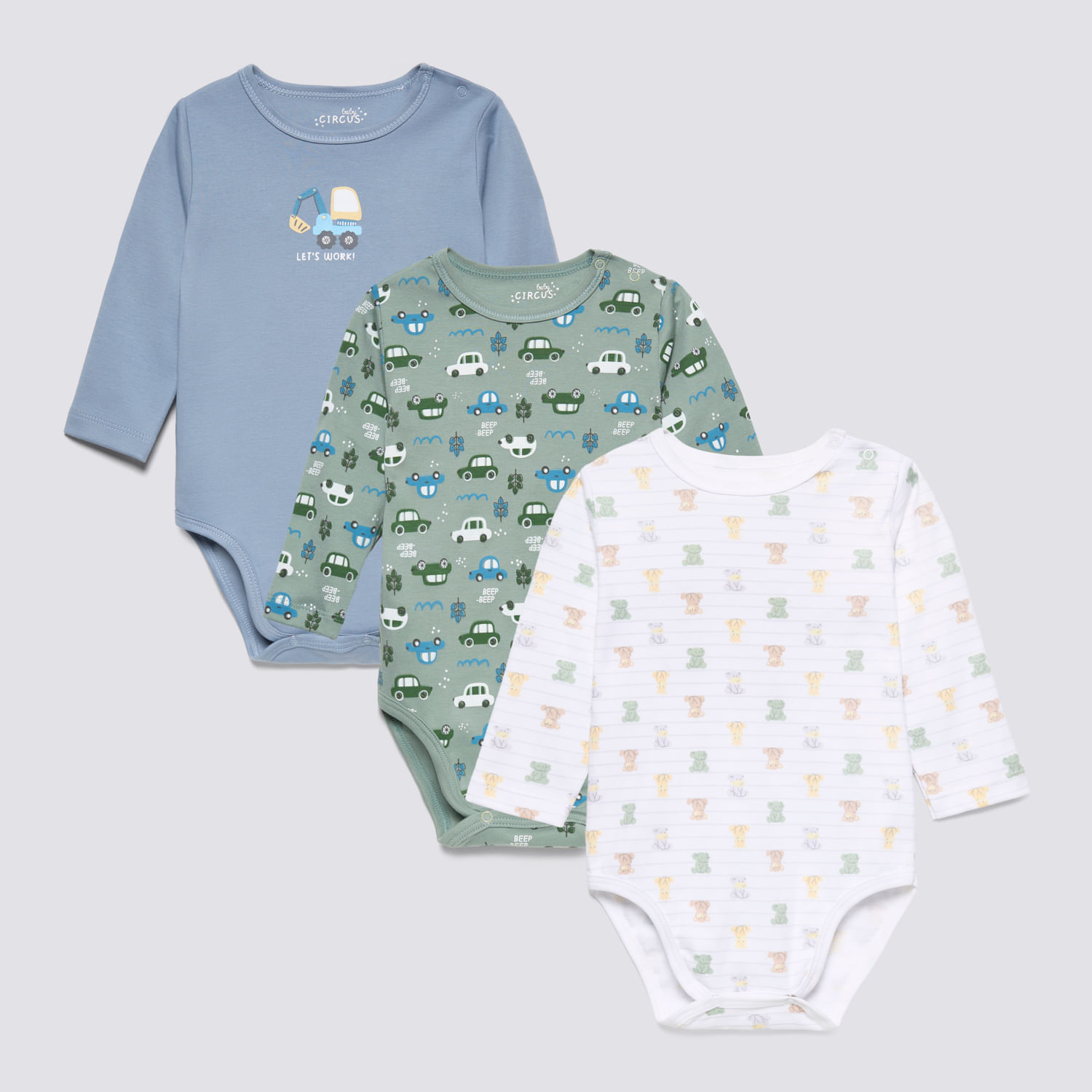 Body Manga Larga Recién Nacido Pack X3 Gamuzado Baby Circus Celeste Talla 3M