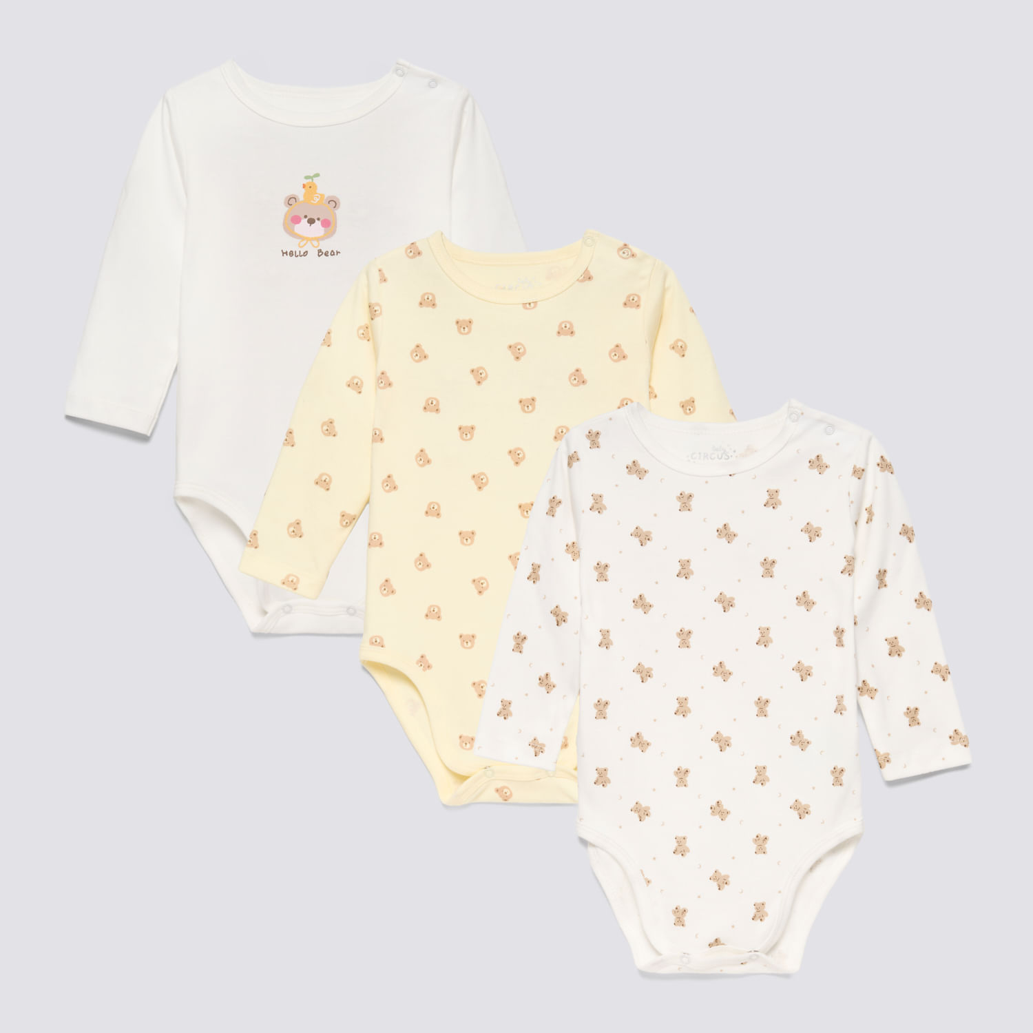 Body Manga Larga Recién Nacido Pack X3 Gamuzado Baby Circus Ecru Talla 18M
