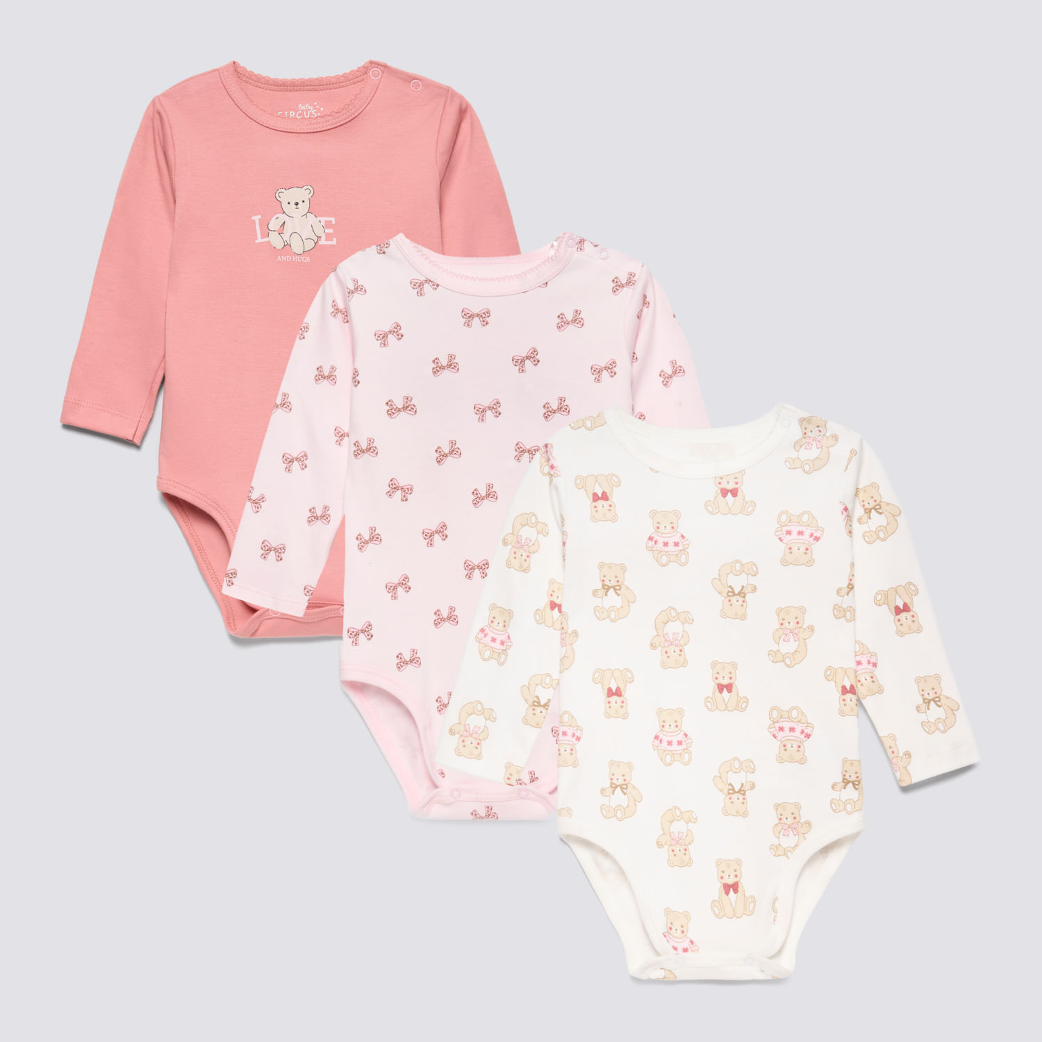 Body Manga Larga Recién Nacido Pack X3 Gamuzado Baby Circus Rosado Talla 9M