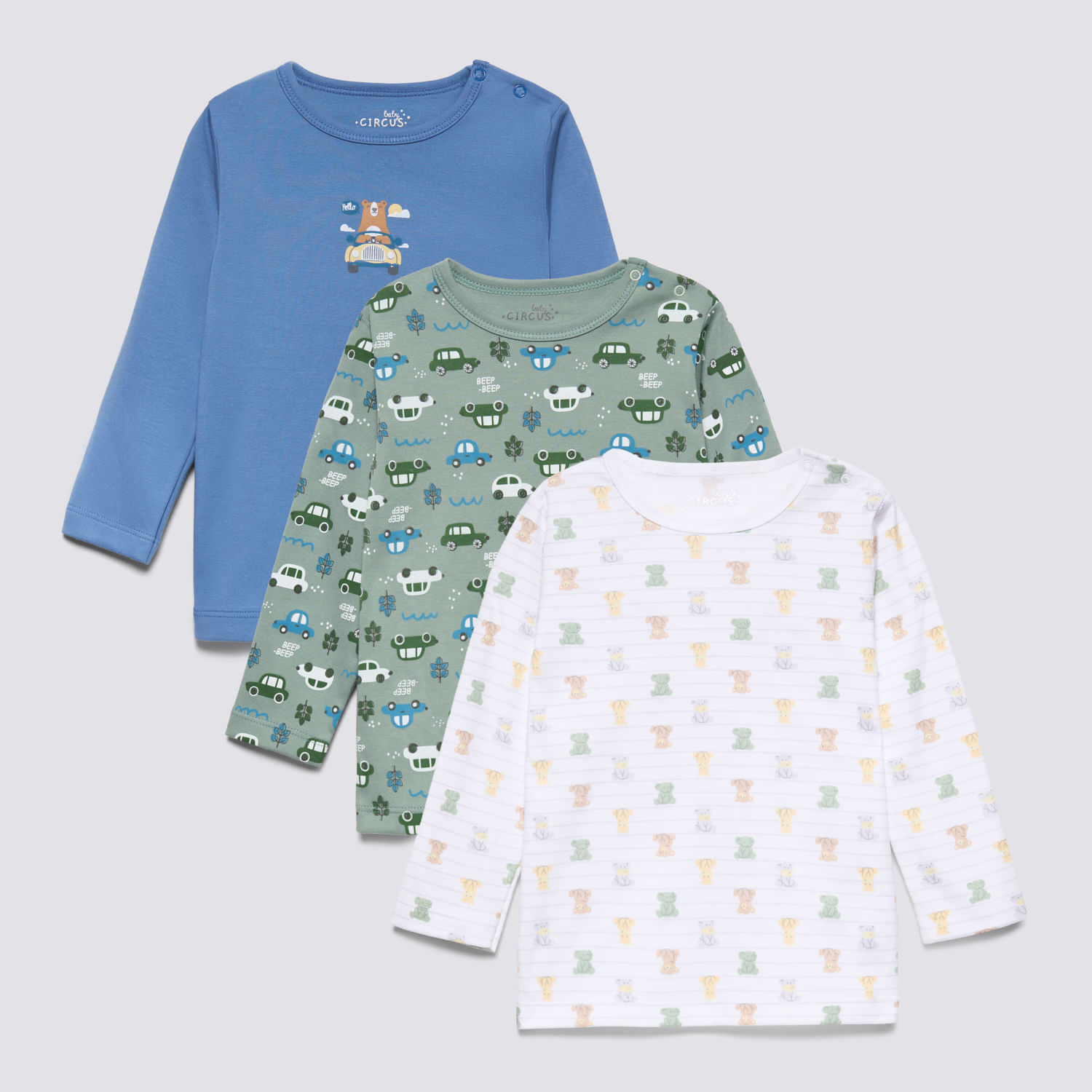 Camiseta Manga Larga Recién Nacido Pack X3 Baby Circus Celeste Talla 36M