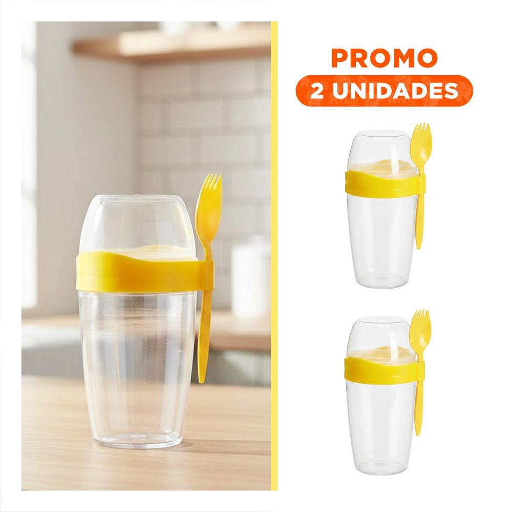 Pack2 Recipiente Yogurero Grande Amarillo 2 en 1 con Cubierto para Fruta YRegalo Sticker