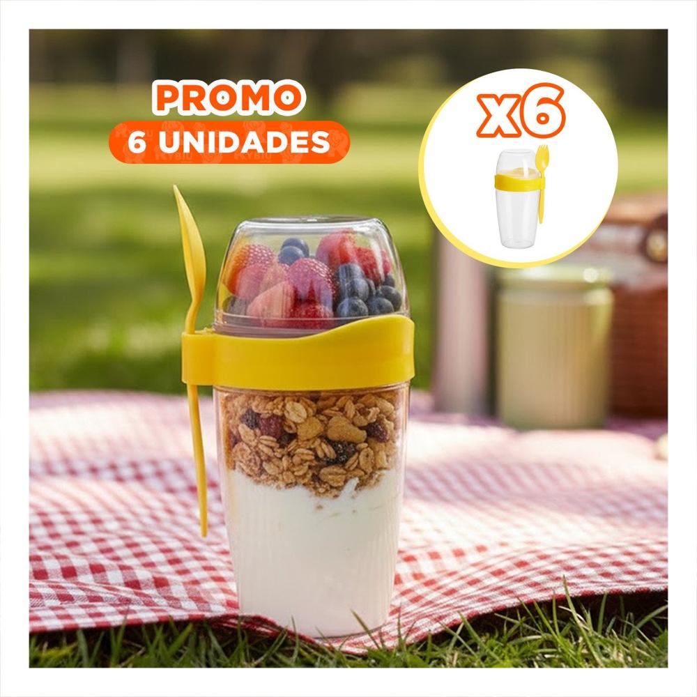 Pack6 Contenedor para Yogurt 2 en 1 con Cubierto Grande Amarillo para Alimentacion Practica