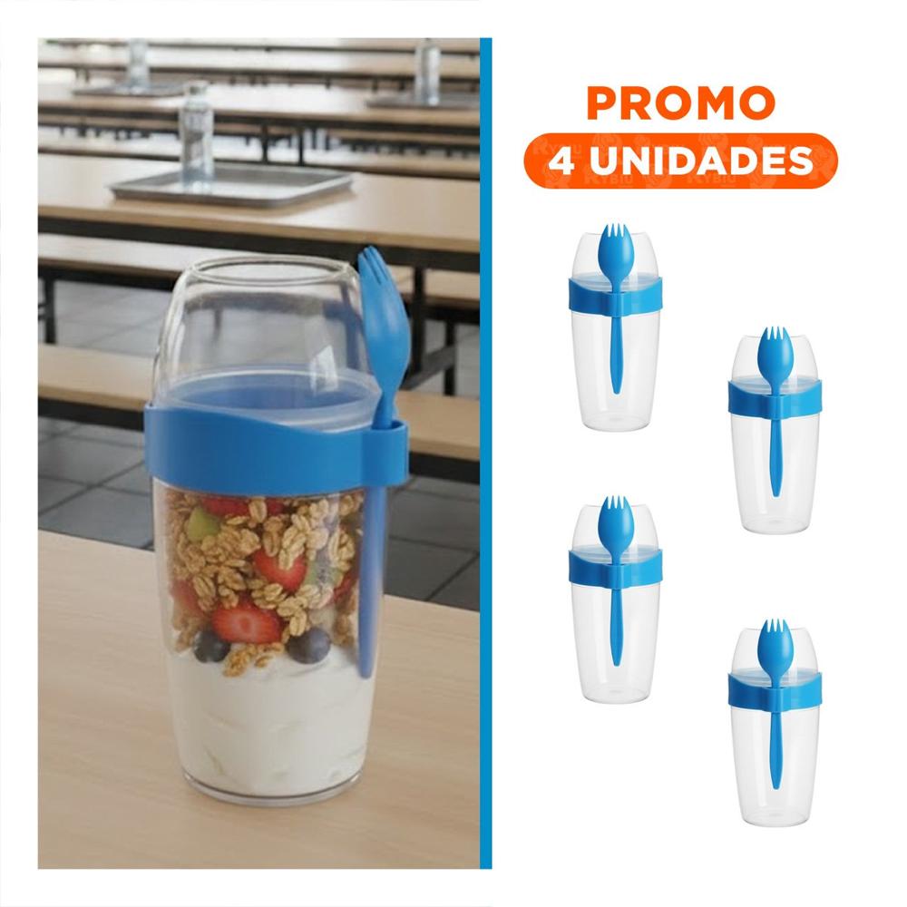Pack4 Contenedor Yogurero Grande Azul 2 en 1 con Cubierto para Llevar en Mochila