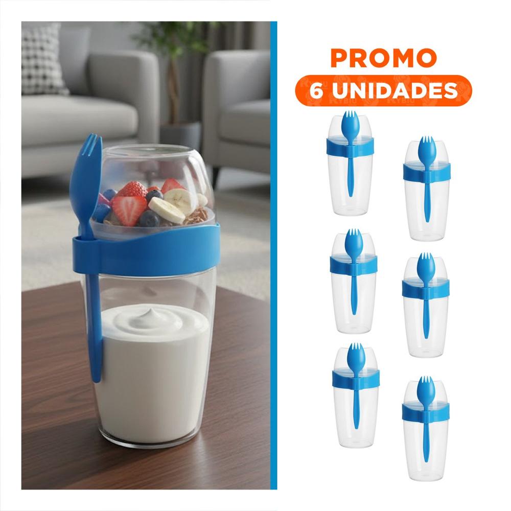 Pack6 Taza para Yogurt 2 en 1 con Cubierto Grande Azul para Comer Fuera YRegalo Sticker