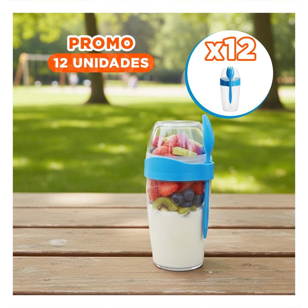 Pack12 Taza Yogurera 2 en 1 y Cubierto Grande Azul para Desayuno Practico YRegalo Sticker