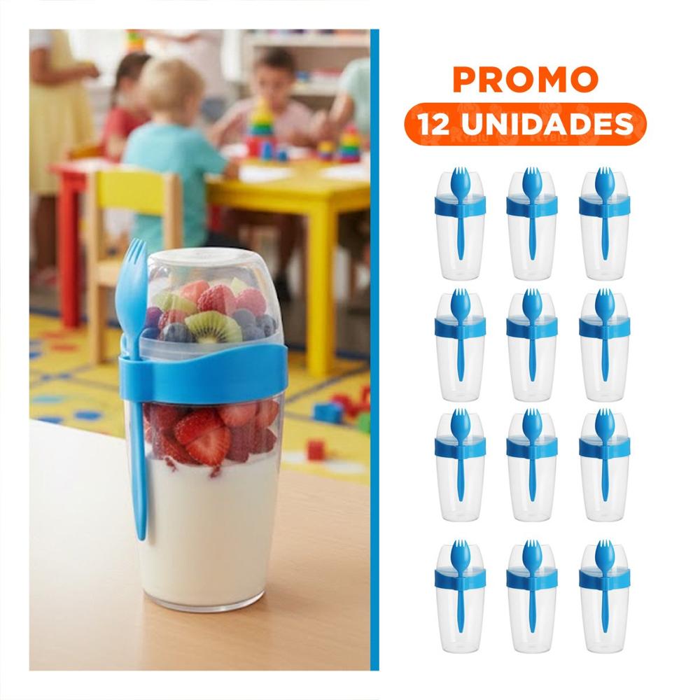 Pack12 Envase para Yogurt 2 en 1 con Cubierto Grande Azul para Llevar al Parque