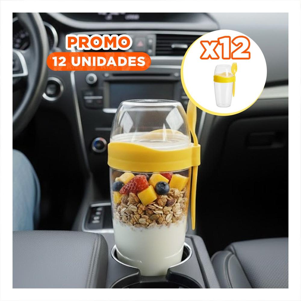 Pack12 Vaso Yogurero 2 en 1 con Cubierto Grande Amarillo para Transporte Diario YPapel Regalo