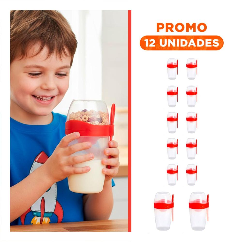 Pack12 Envase para Yogurt 2 en 1 con Cubierto Grande Rojo para Llevar al Parque
