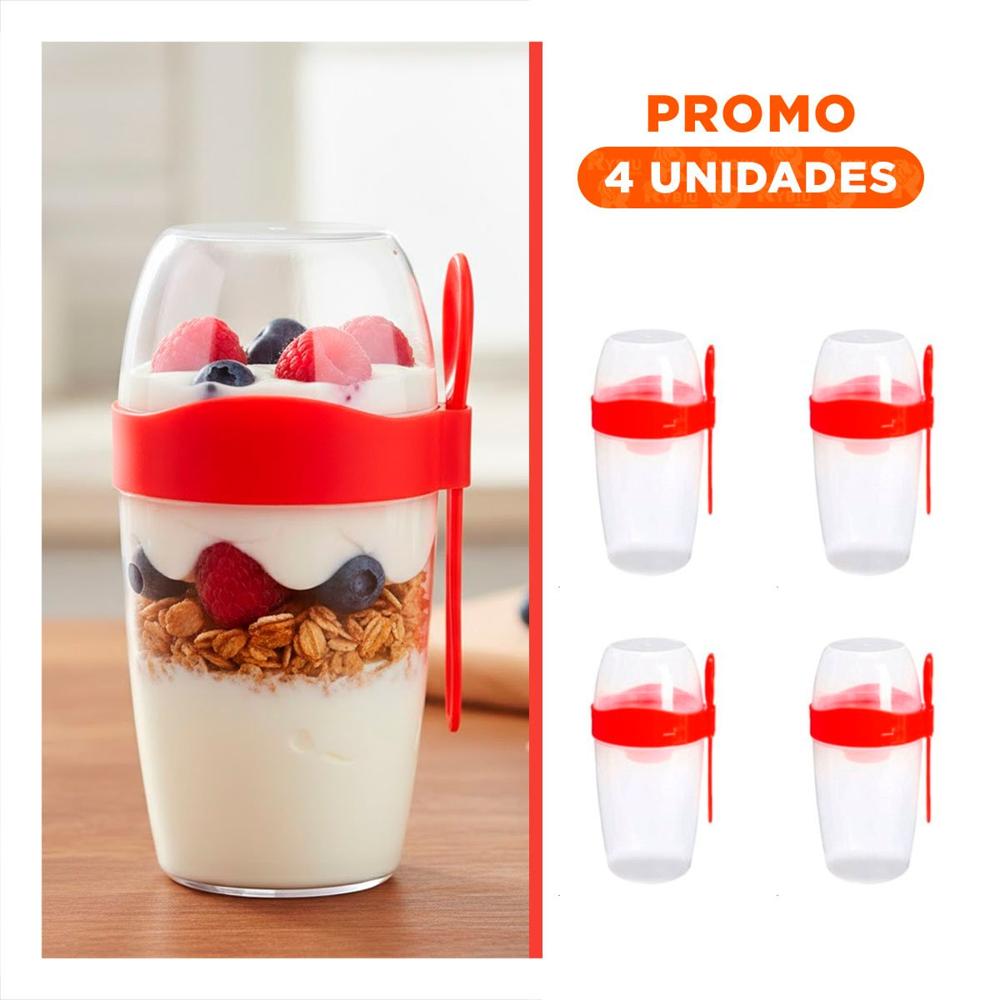 Pack4 Contenedor Yogurero Grande Rojo 2 en 1 con Cubierto para Llevar en Mochila