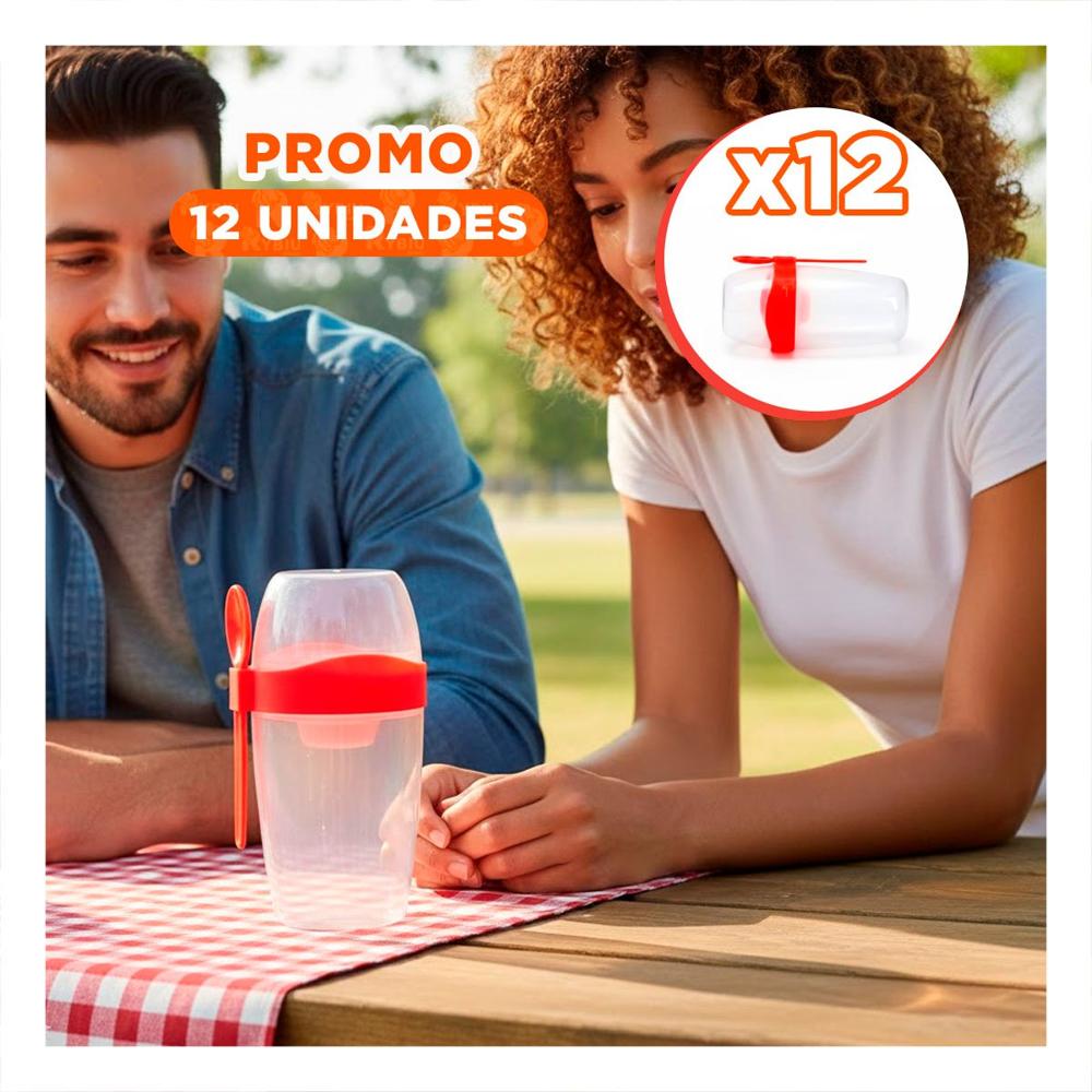 Pack12 Vaso Yogurero 2 en 1 con Cubierto Grande Rojo para Transporte Diario YPapel Regalo