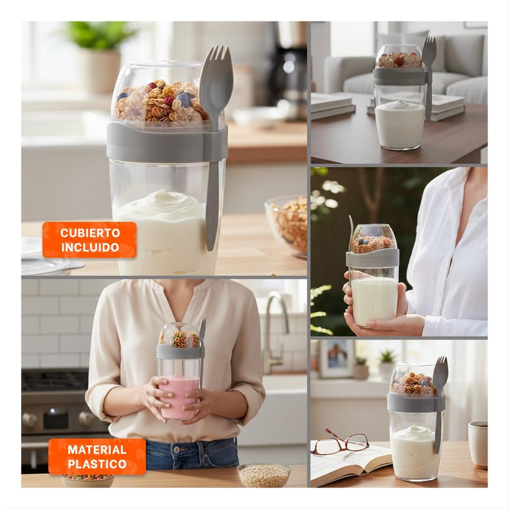 Contenedor Yogurtero 2 en 1 con Cubierto Grande Plomo para Oficina y Estudio YLigas Regalo