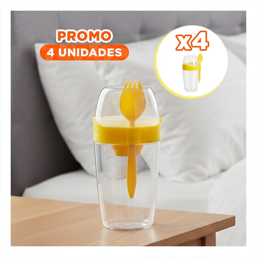 Pack4 Envase Yogurero Grande Amarillo 2 en 1 con Cubierto para Uso Diario YPapel Regalo