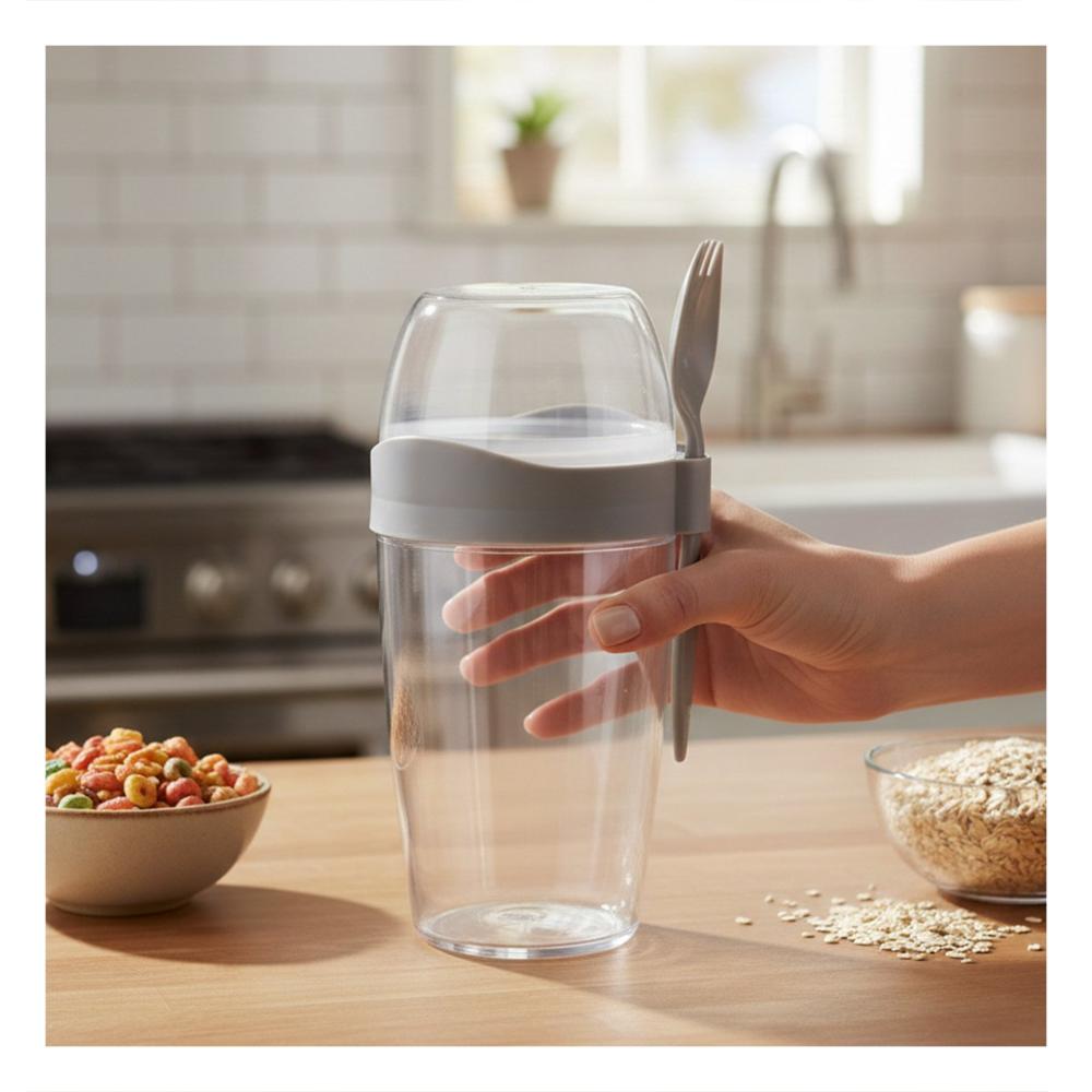Vaso para Yogurt 2 en 1 con Cubierto Grande Plomo para Colegio y Trabajo