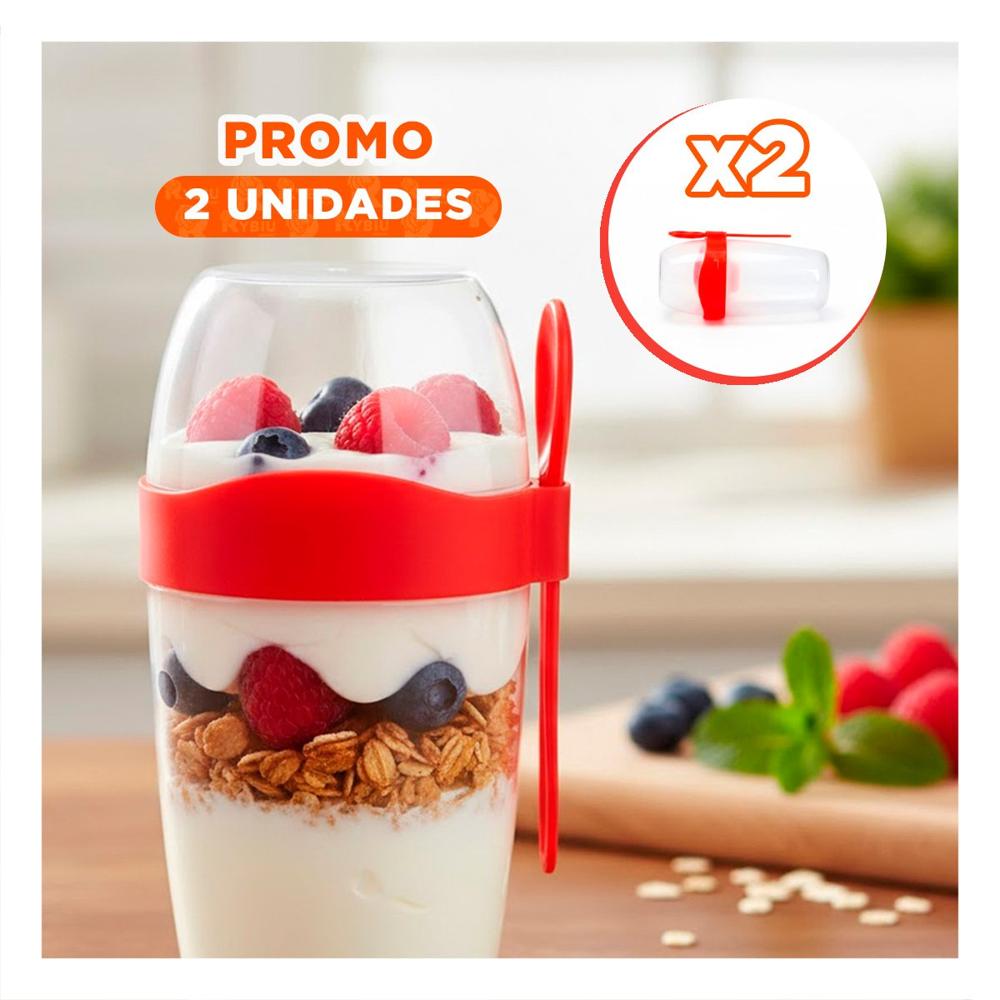 Pack2 Taza Yogurera Grande Rojo 2 en 1 con Cubierto para Casa y Oficina YPapel Regalo