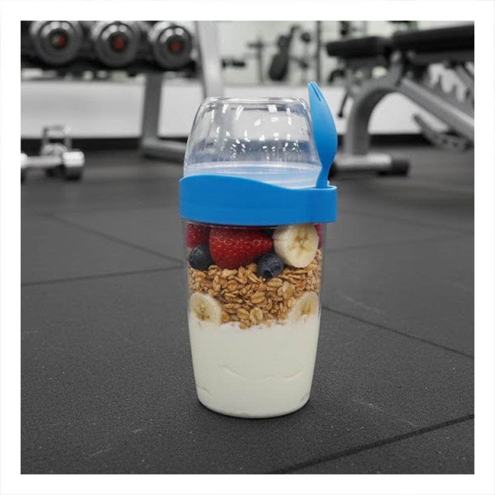 Vaso Yogurero 2 en 1 con Cubierto Grande Azul para Llevar Snacks y Fruta YPapel Regalo