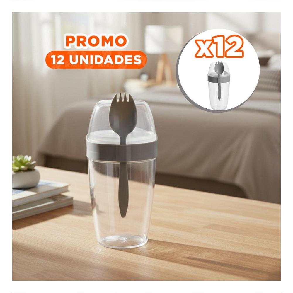 Pack12 Vaso Yogurero 2 en 1 con Cubierto Grande Plomo para Transporte Diario YPapel Regalo