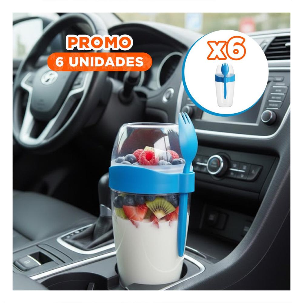 Pack6 Contenedor para Yogurt 2 en 1 con Cubierto Grande Azul para Alimentacion Practica